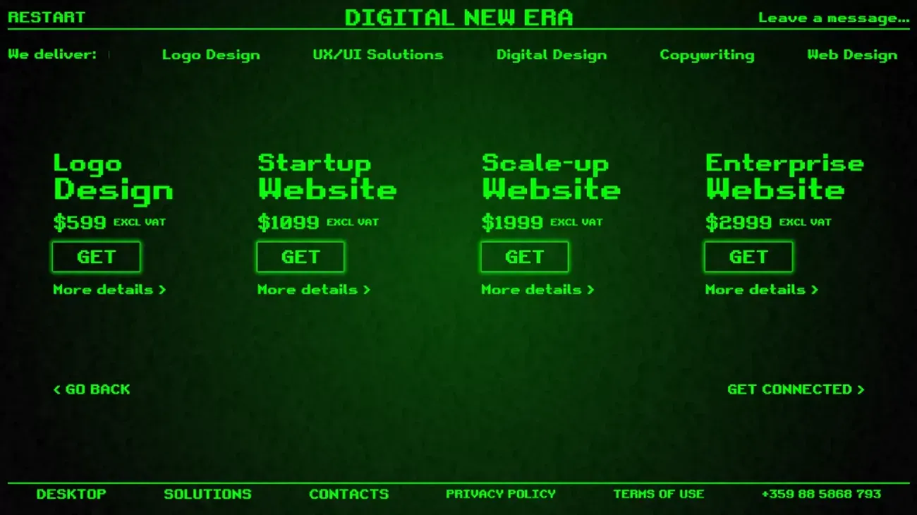 Packages and pricing page of the Digital New Era website