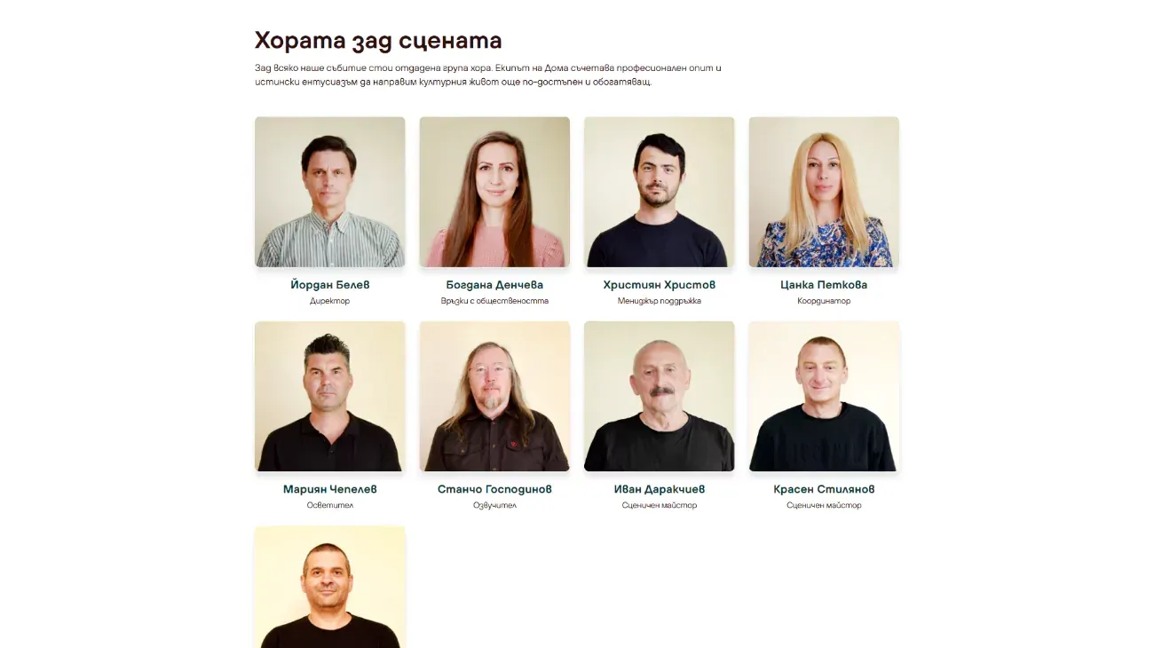 Страницата с екипа на уебсайта на Дома на културата в Габрово