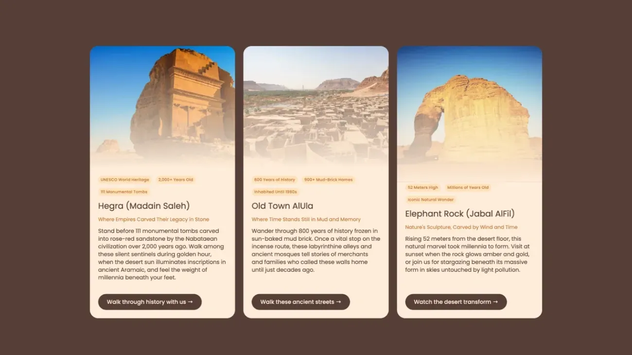 AlUla destination cards on the Hinat Tours website