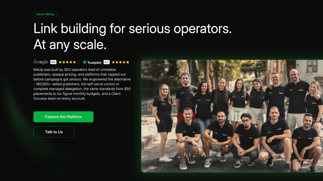 MeUp about page with the team photo