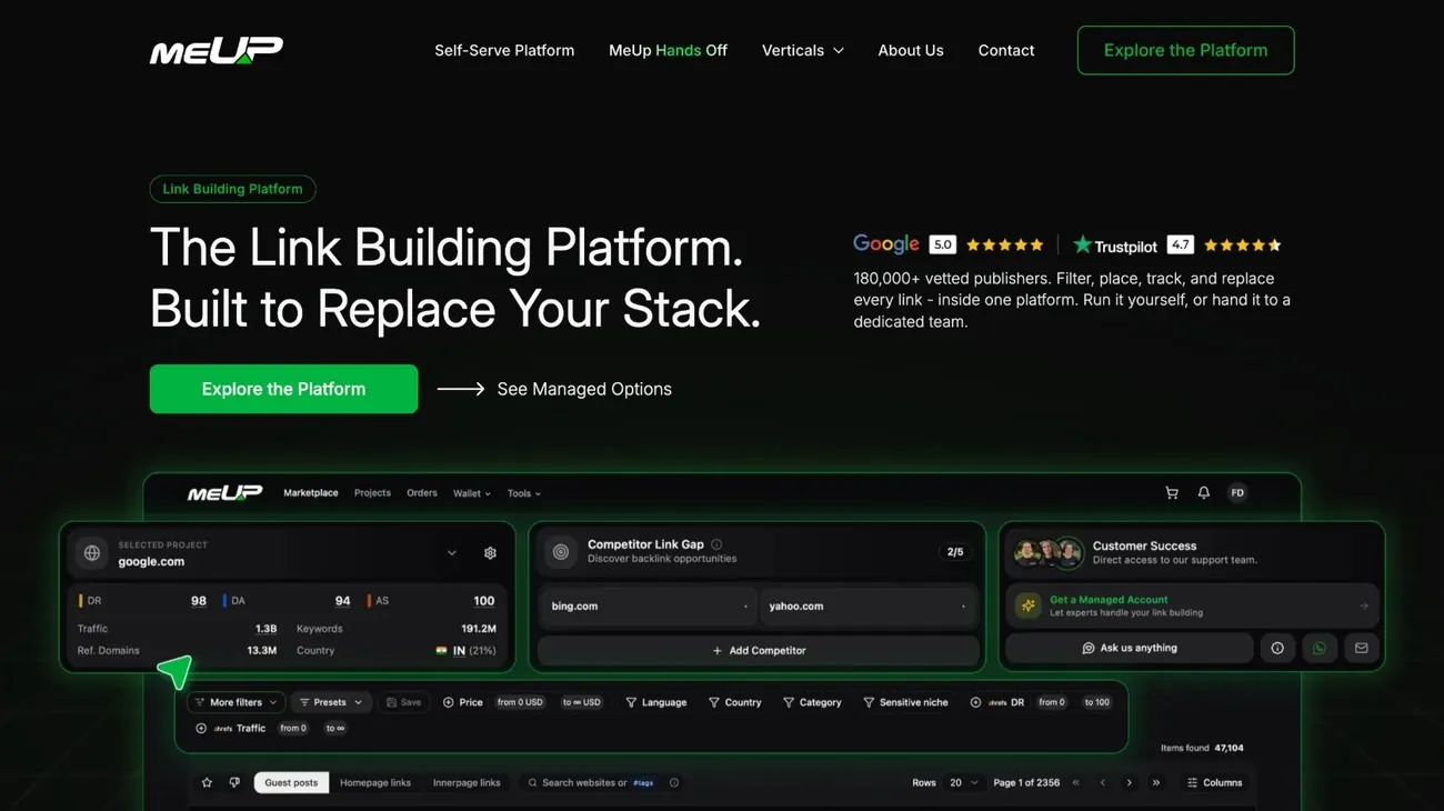 MeUp homepage with the platform dashboard